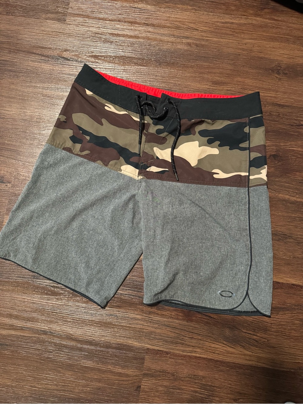Oakley Red and Gray Swim Shorts with Logo Waistband